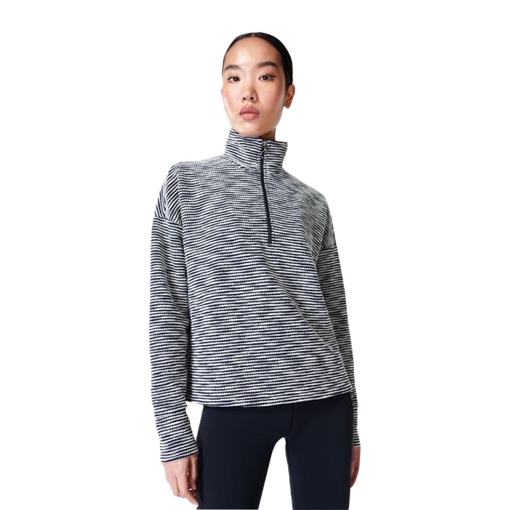 Sweaty Betty Rest Up Half Zip Pullover Small NWT Navy Blue White Stripe Pattern
